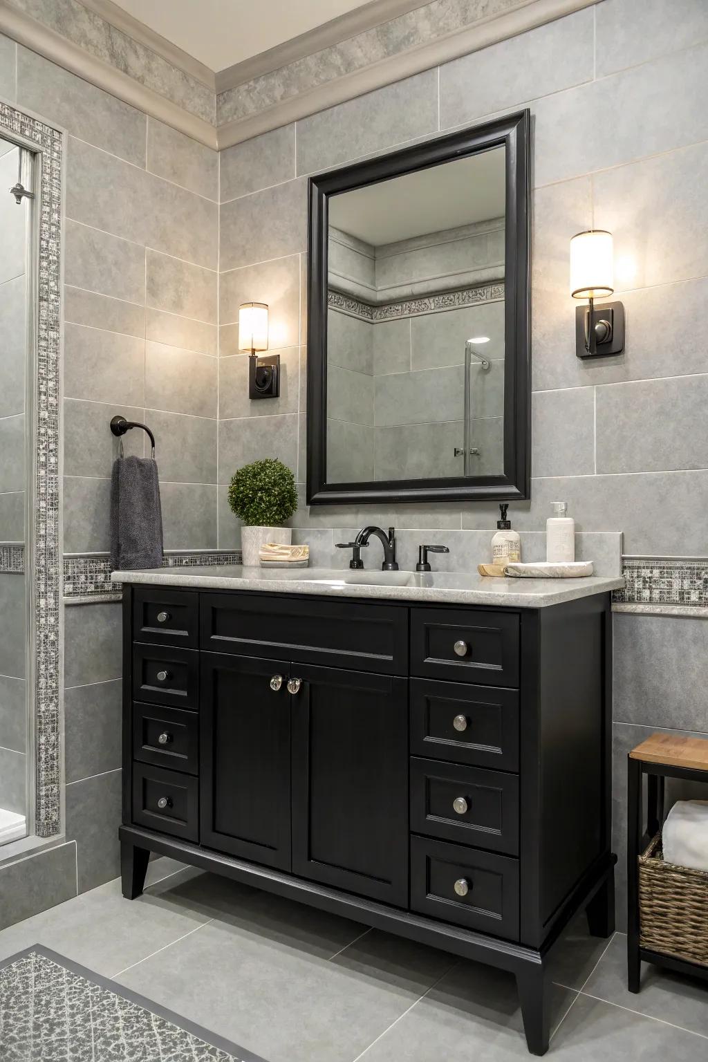 Gray tones provide a sophisticated backdrop for a dark vanity, enhancing depth.