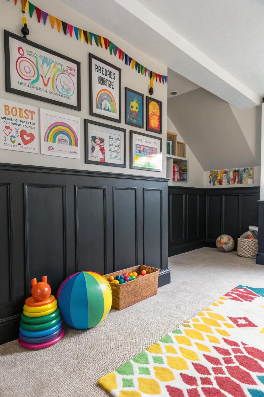 A playful kids' room featuring stylish black wainscoting.