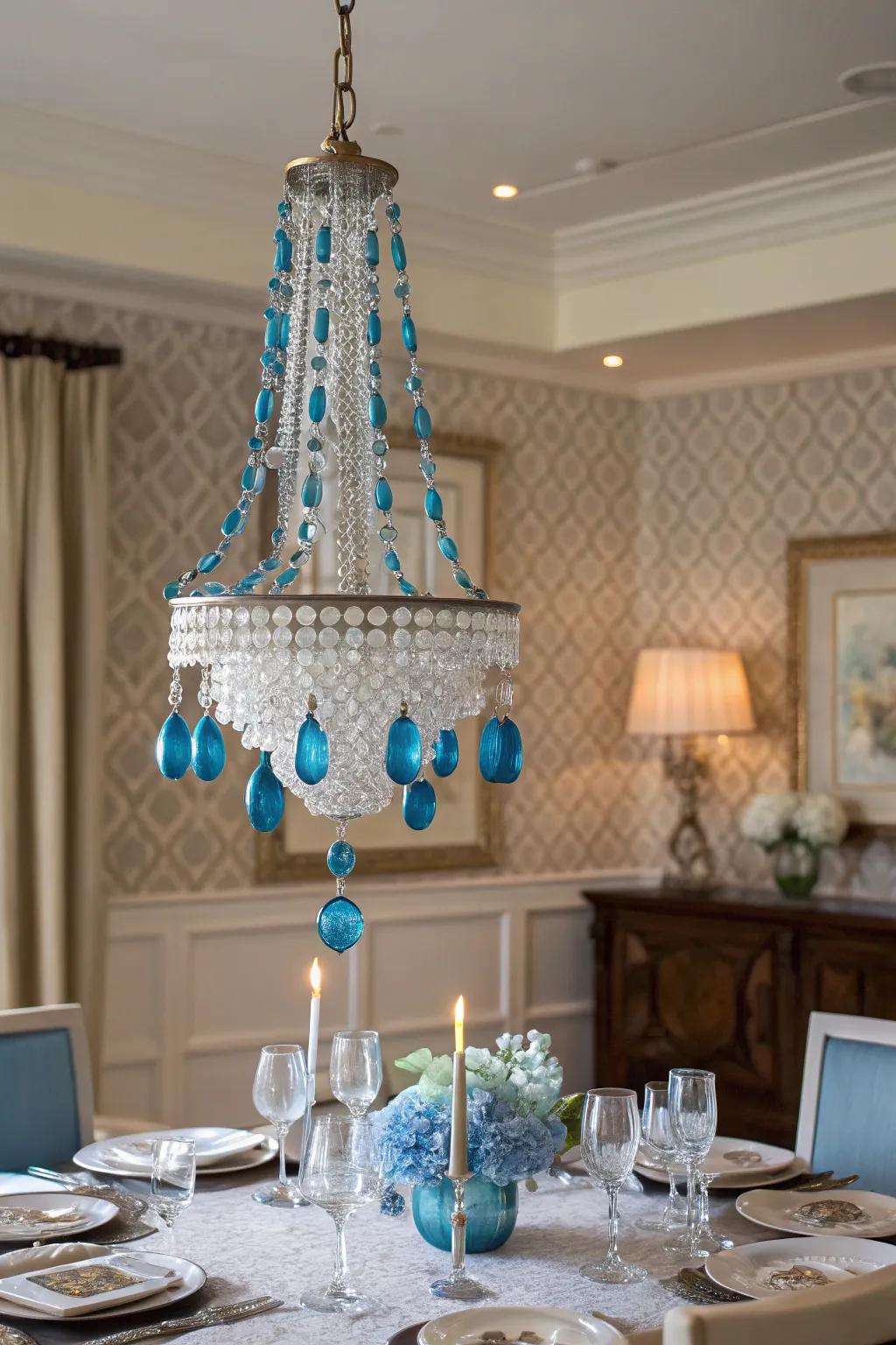 An azure ornament chandelier is a striking holiday centerpiece.