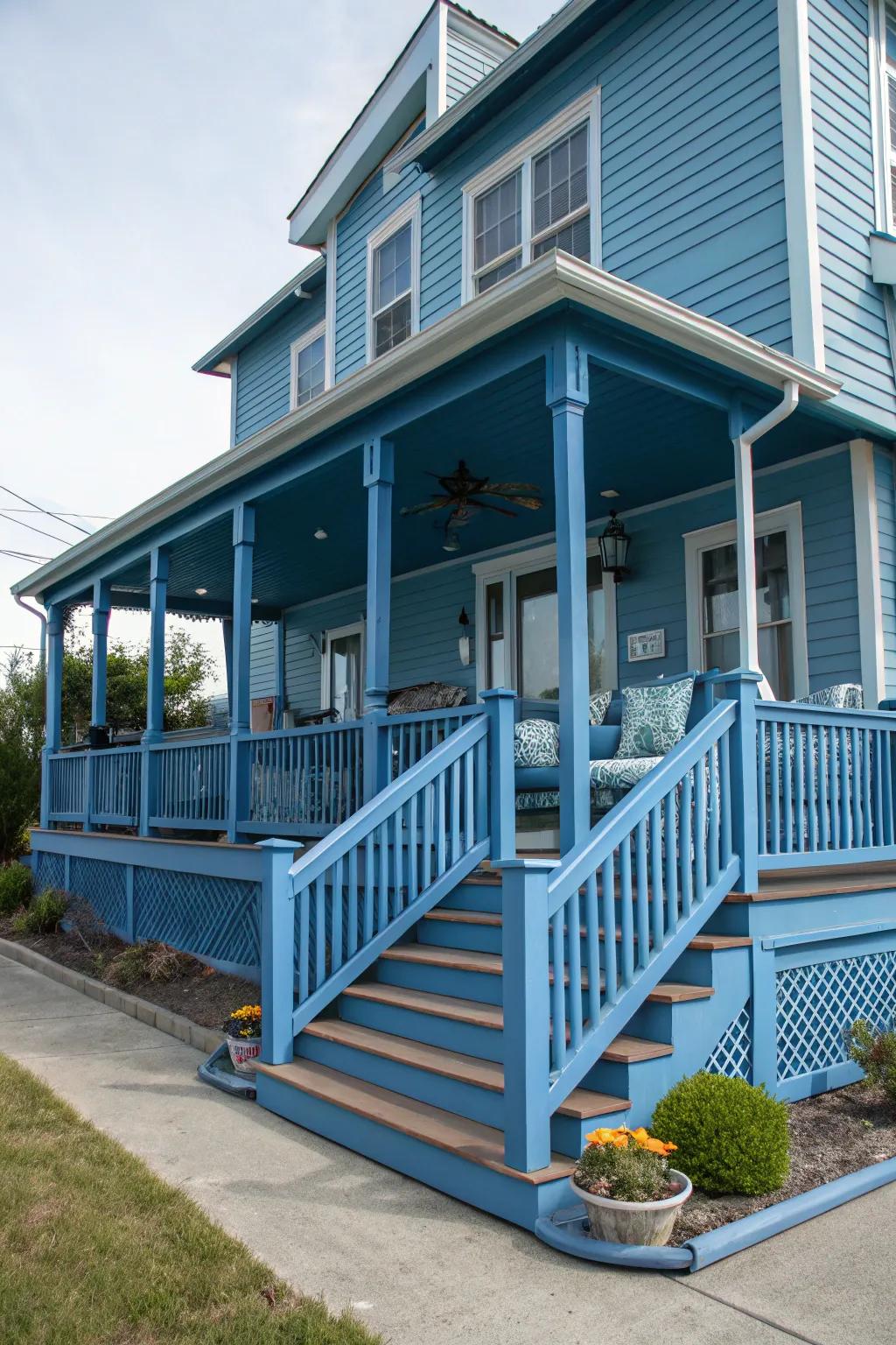 A blue porch ties the exterior design together.