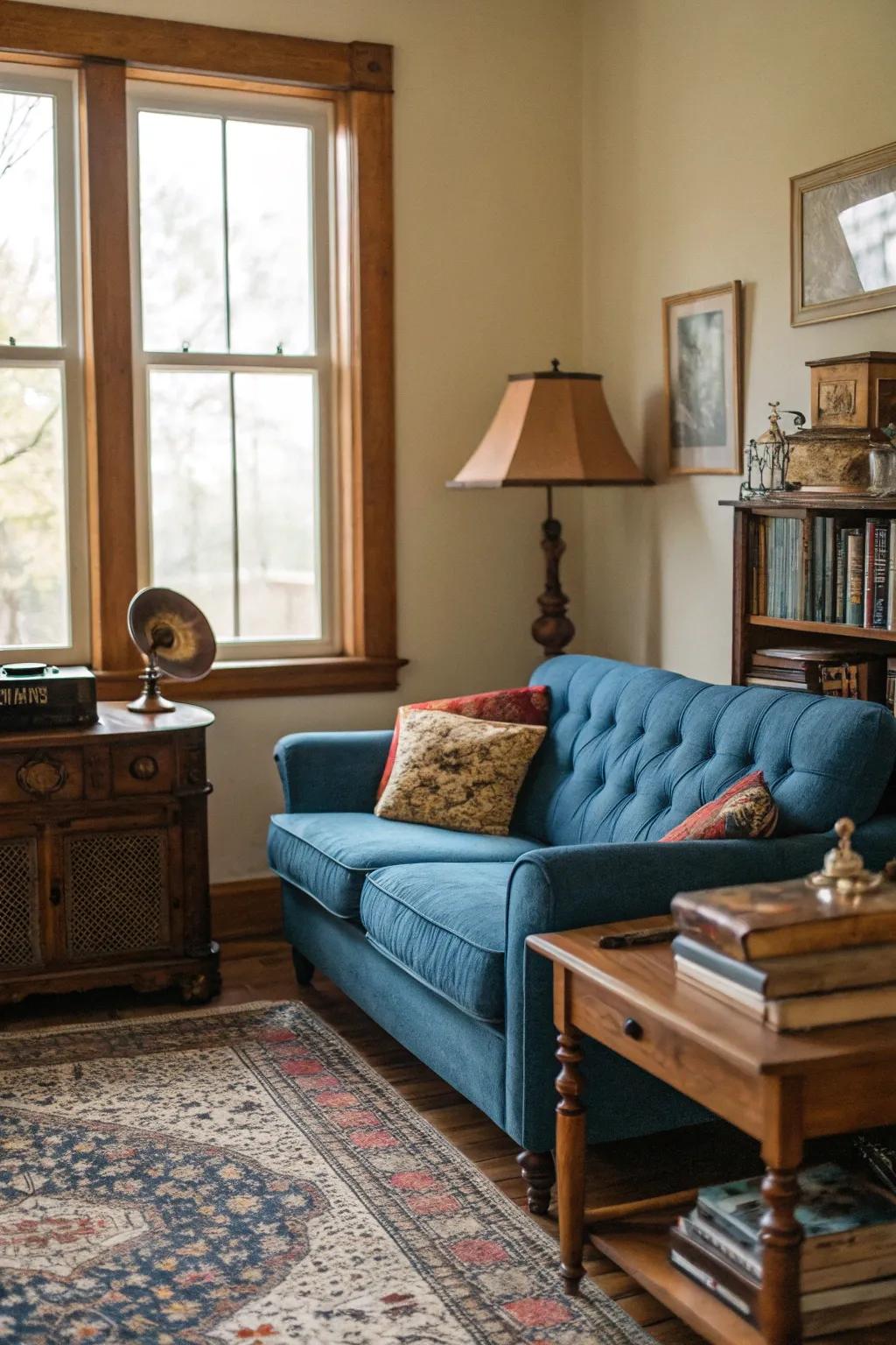 Traditional touches contribute character to a blue sofa setup.
