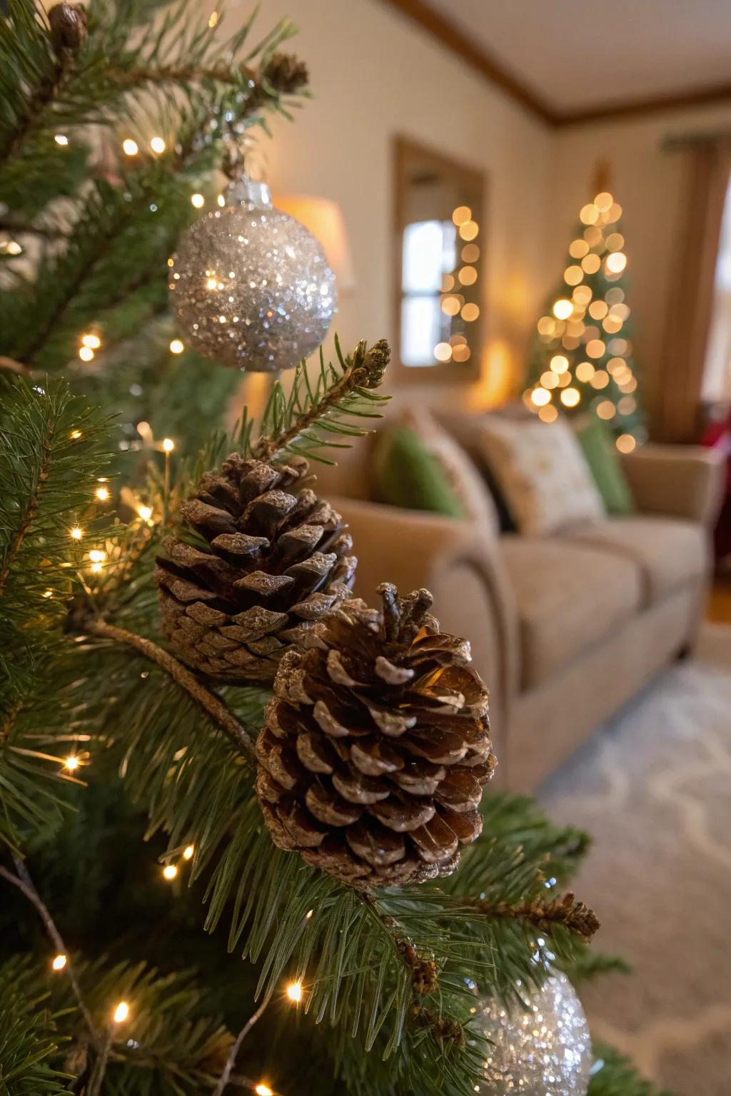Shimmering pinecones contribute a natural yet glamorous accent.