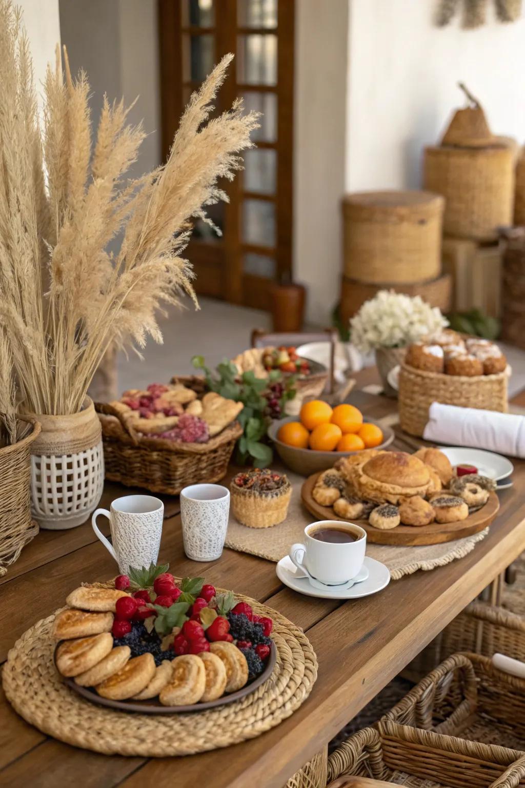 Feathery grass adds chic beauty to the boho brunch ambiance.
