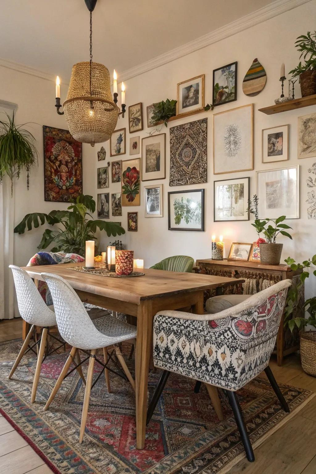 A curated wall adding creativity to a boho dining space.