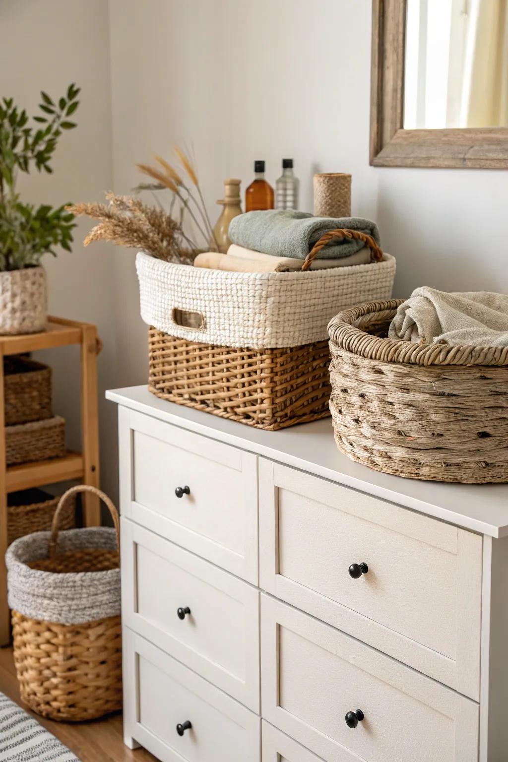 Woven baskets add texture and functionality to this boho dresser.