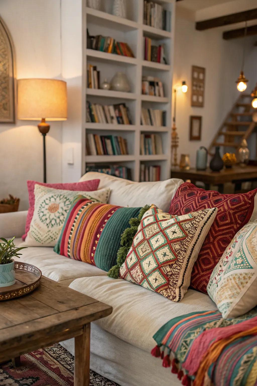 Plush pillows add comfort and color to a bohemian space.