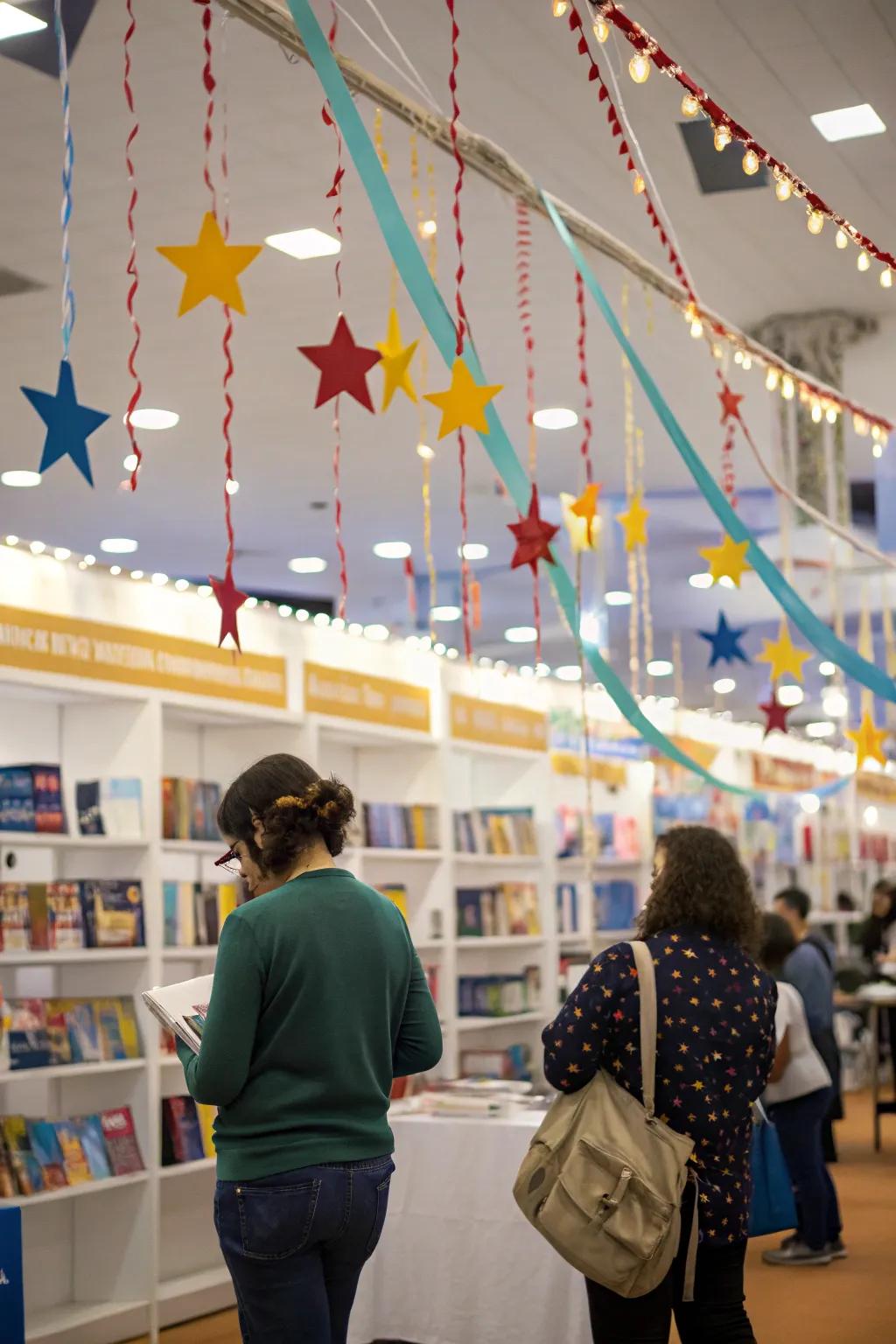 Festive ceiling decorations create a celebratory ambiance.