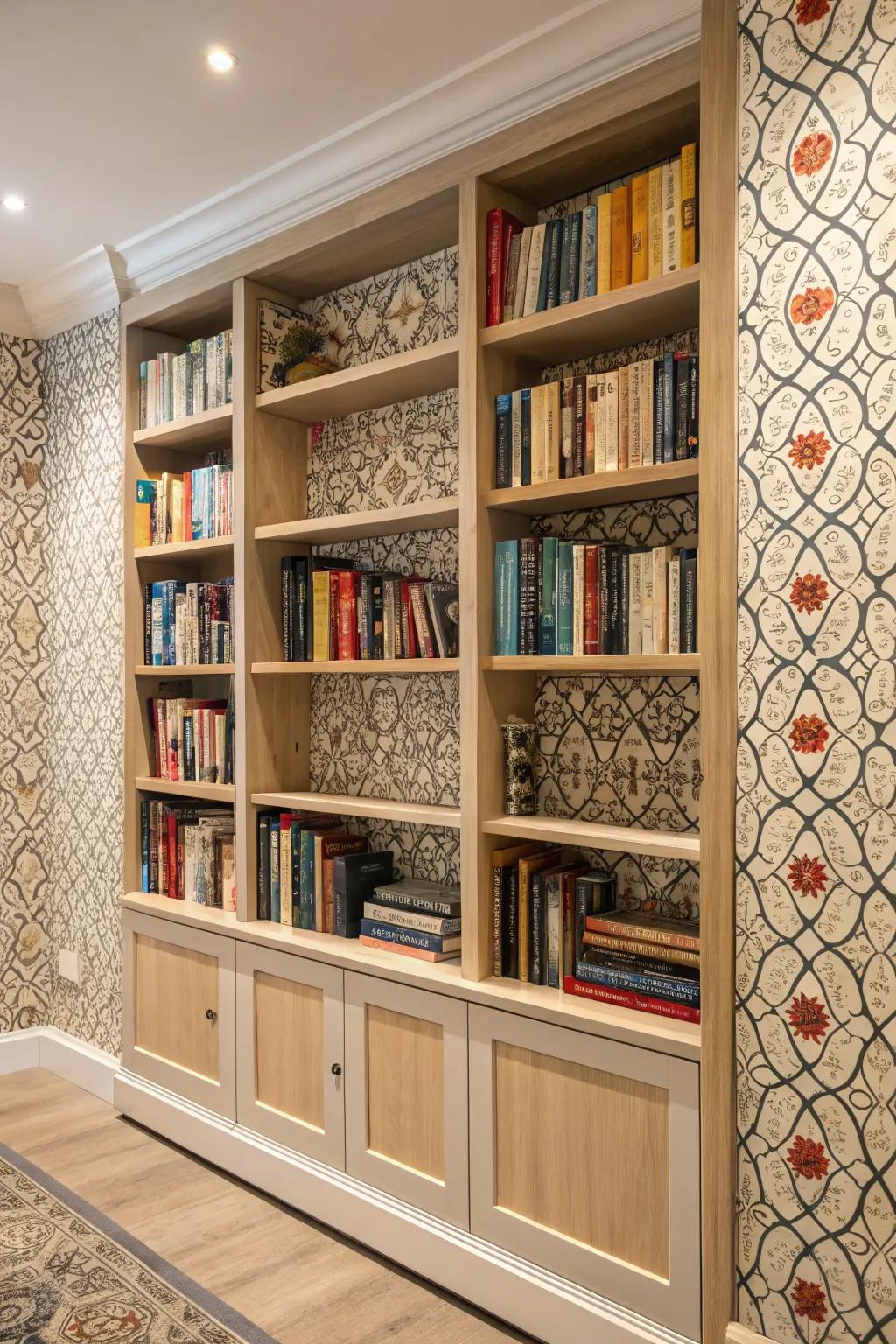 Decorative paper introduces pattern to bookshelves.