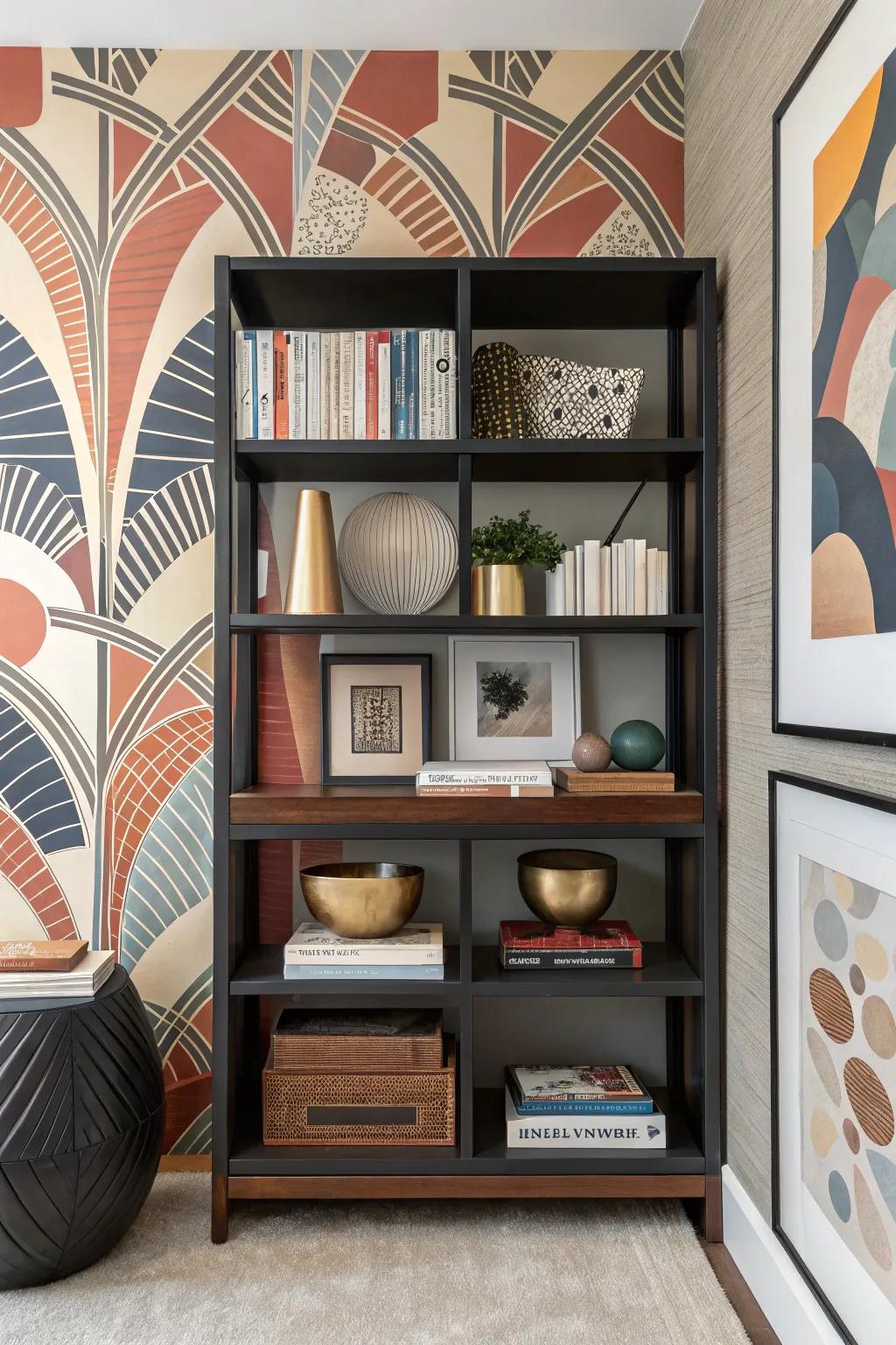 <strong>Bookshelf</strong> featuring artistic art wallcovering for a bold, artistic statement.&rdquo; loading=&rdquo;lazy&rdquo; class=&rdquo;pimg&rdquo;>
	</picture><figcaption><strong>Bookshelf</strong> featuring artistic art wallcovering for a bold, artistic statement.</figcaption></figure>
<p>Artistic designs can transform your <strong>bookshelf</strong> into a piece of art. I once utilized a vibrant artistic print, and it became the focal point of my living space.</p>
<h3>May just do the trick:</h3>
<ul class=