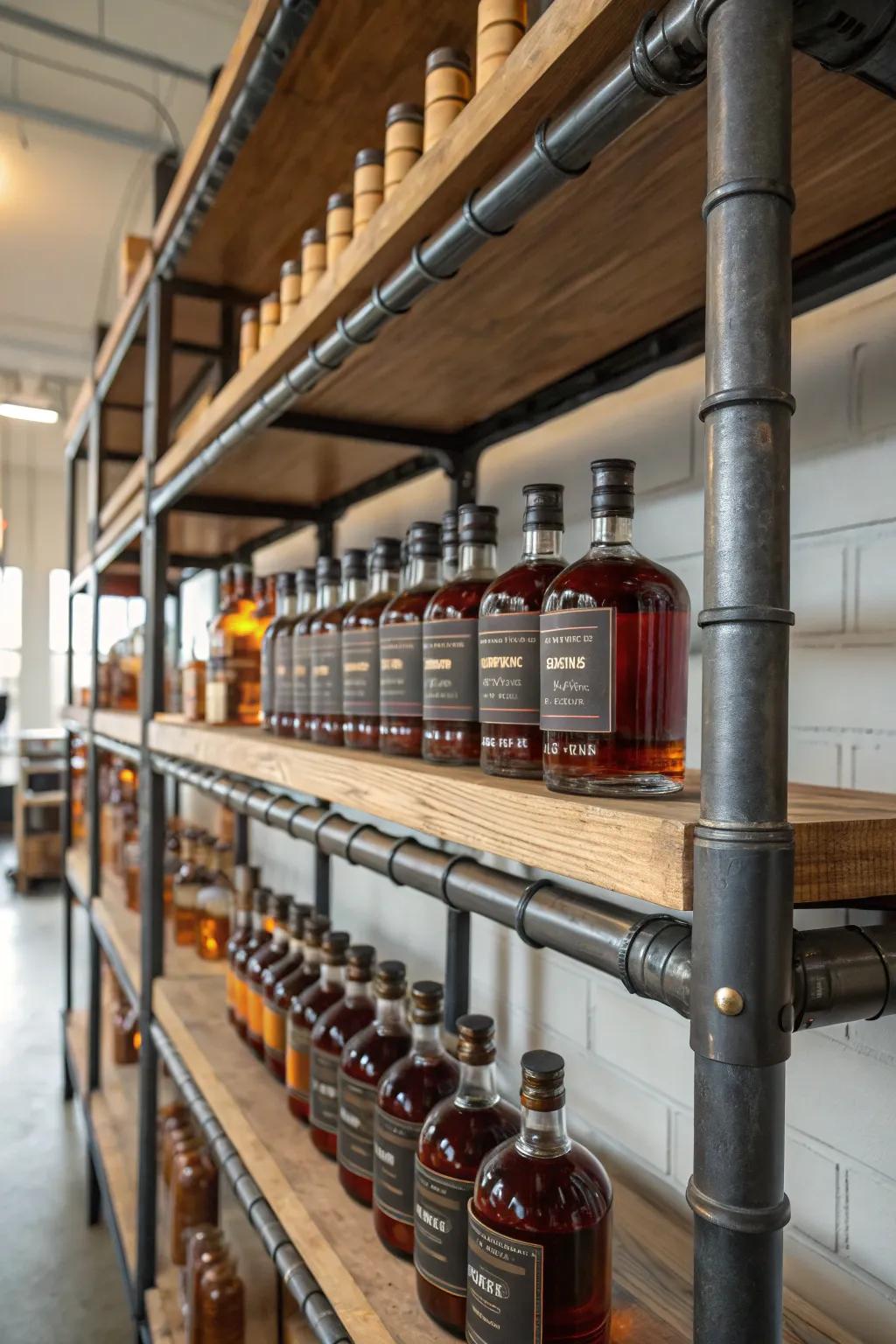 Metal conduit shelving adds a modern edge to your bourbon display.