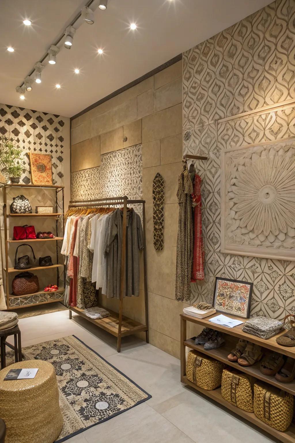 A shop interior featuring textured walls, adding dimension and visual interest to the space.