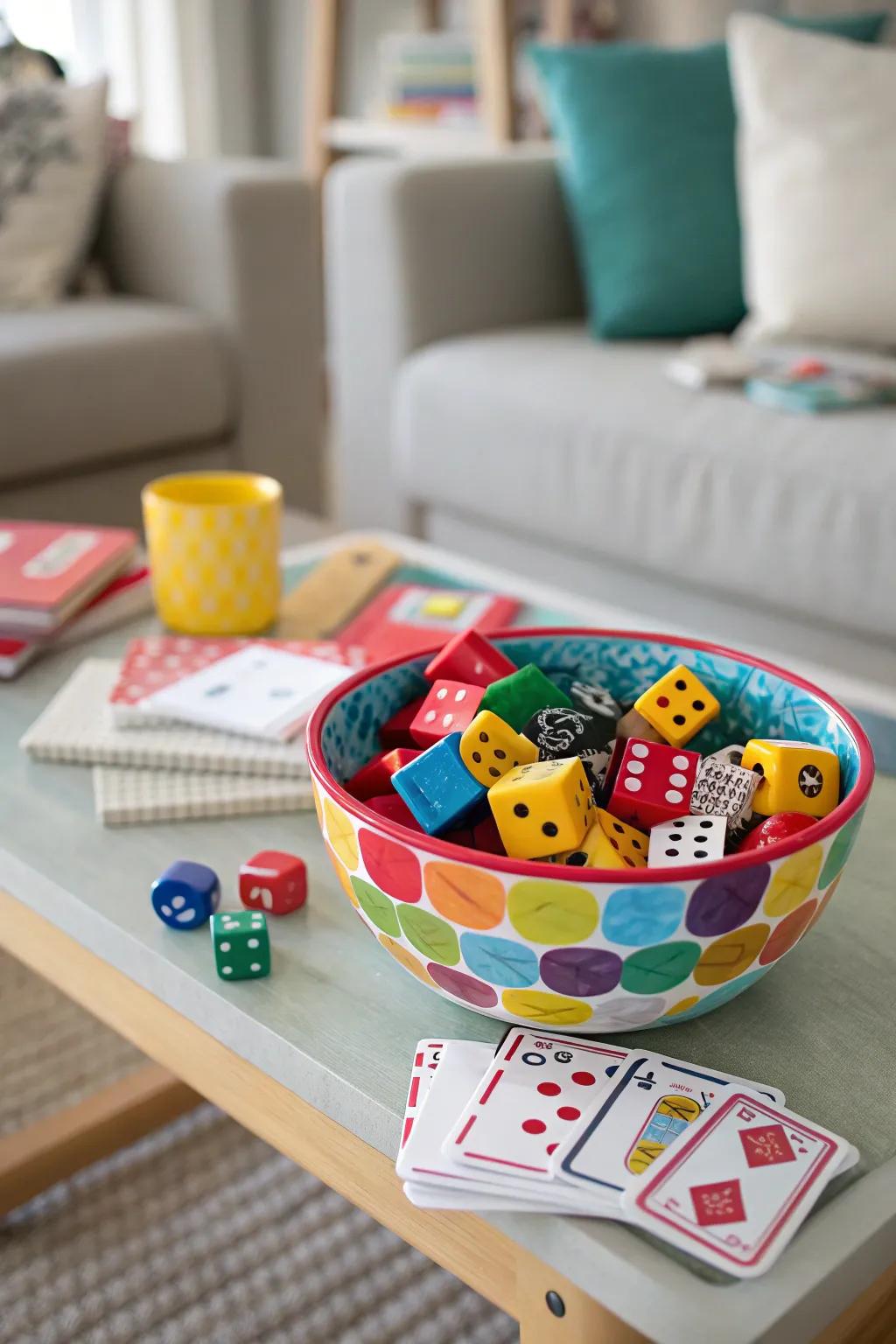 A colorful bowl filled with game pieces