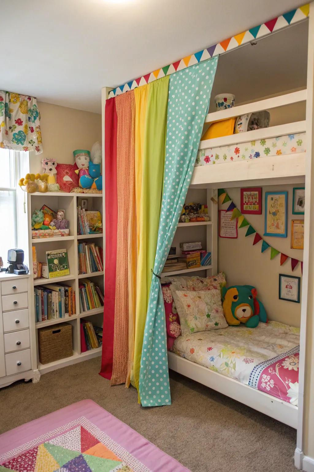 A curtain provides color and privacy in a shared quarters.