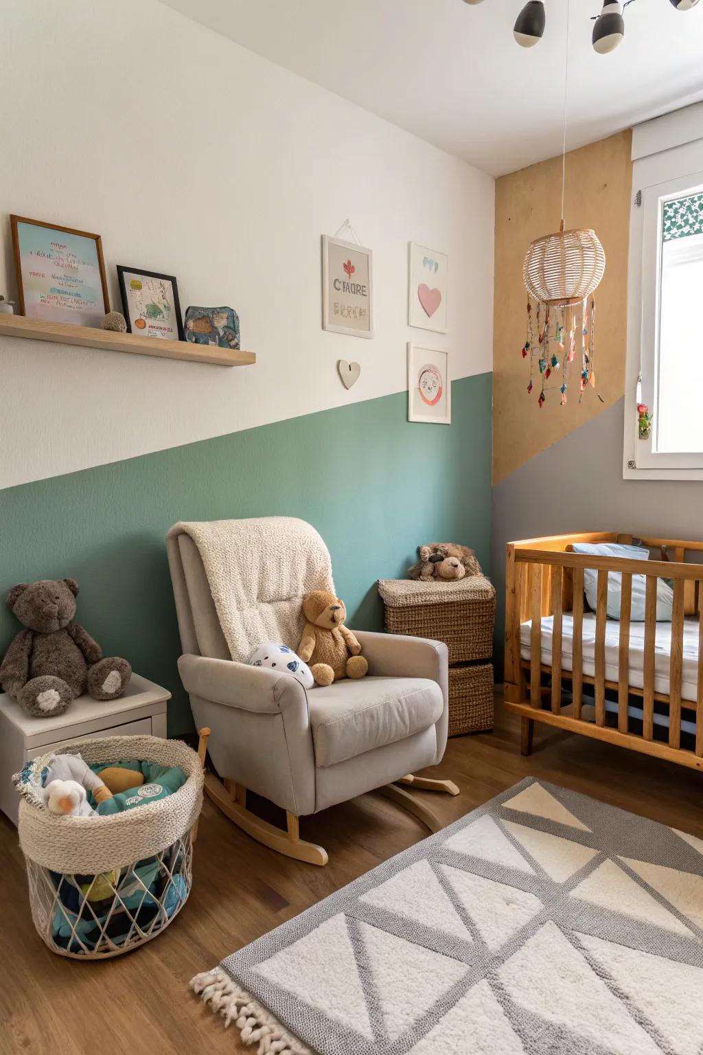 Split-color walls add interest to the nursery design.