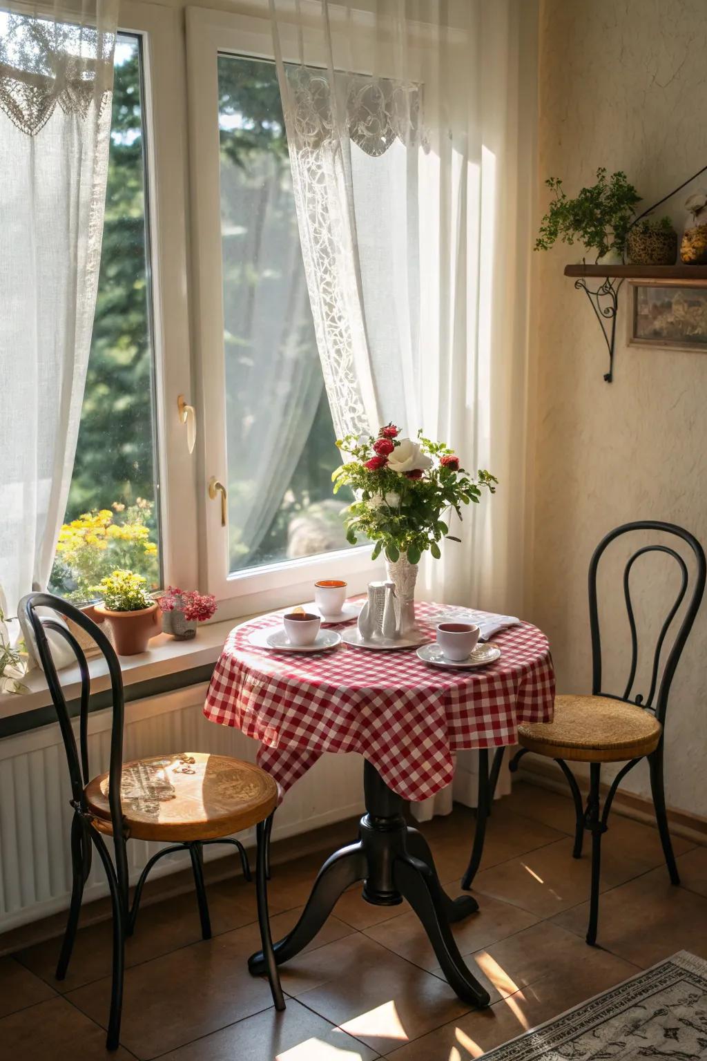 A bistro-style nook creates a cozy and quaint dining experience.