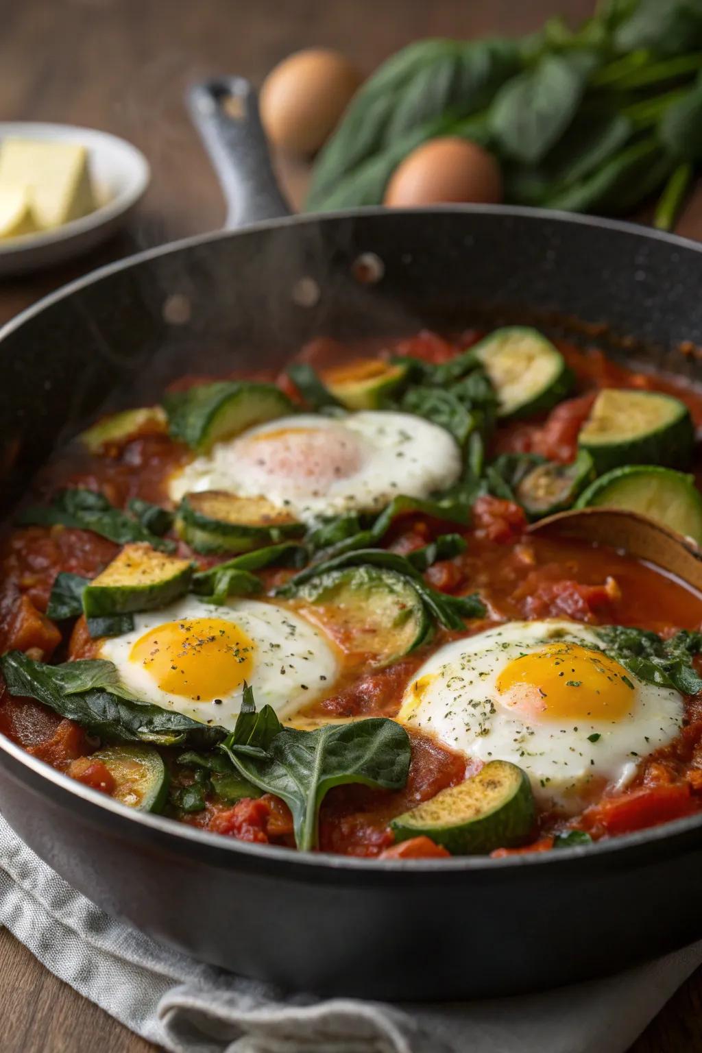 A veggie-packed shakshuka for a flavorful breakfast sensation.