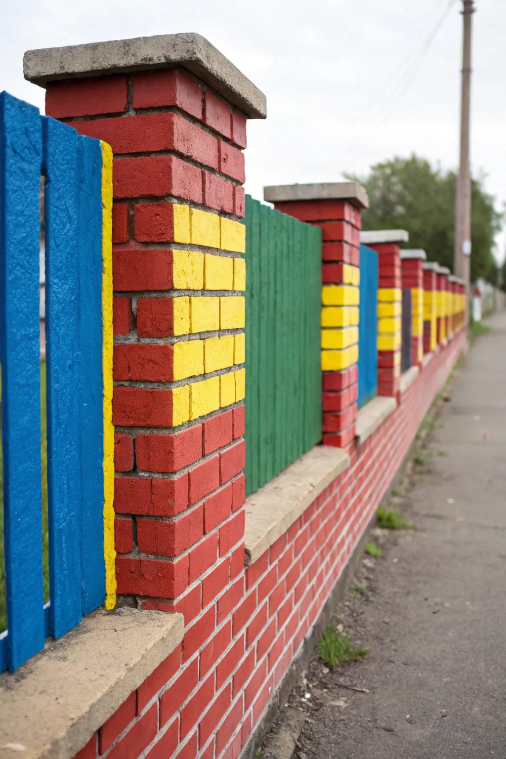Color striping introduces a playful, bold assertion to brick fences.