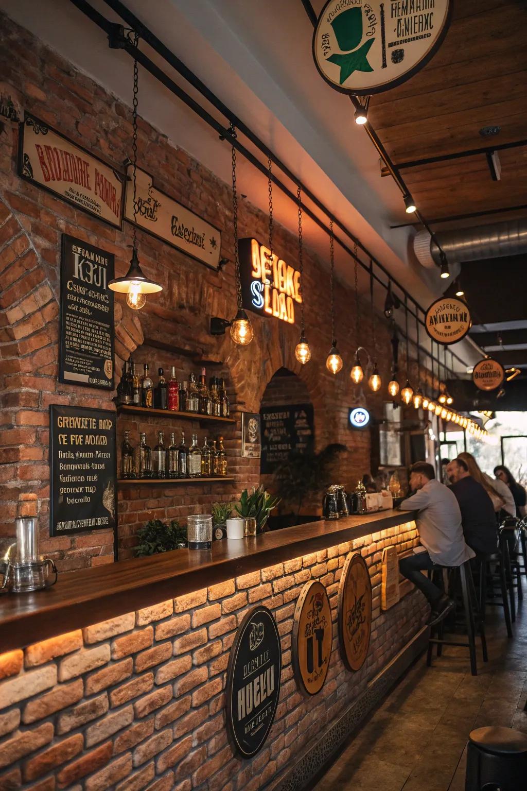 Decorative signs introduce personality to a brick wall bar.