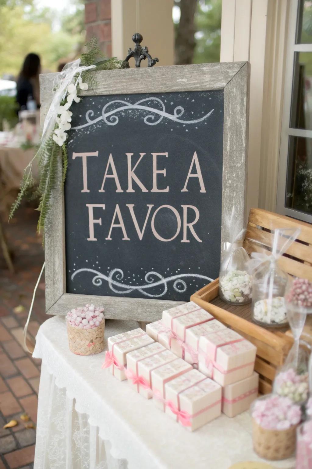 A favors station with a chalkboard sign expresses gratitude to guests.