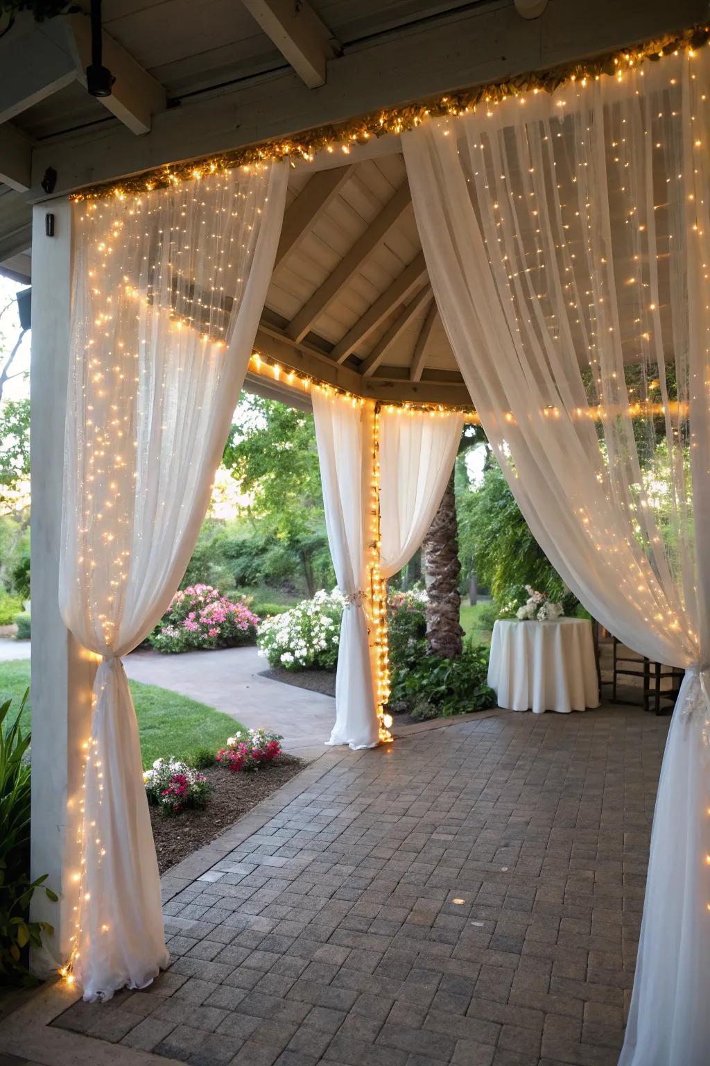 An outdoor awning adorned by fabric and lights welcomes guests to a botanical-themed bridal shower.