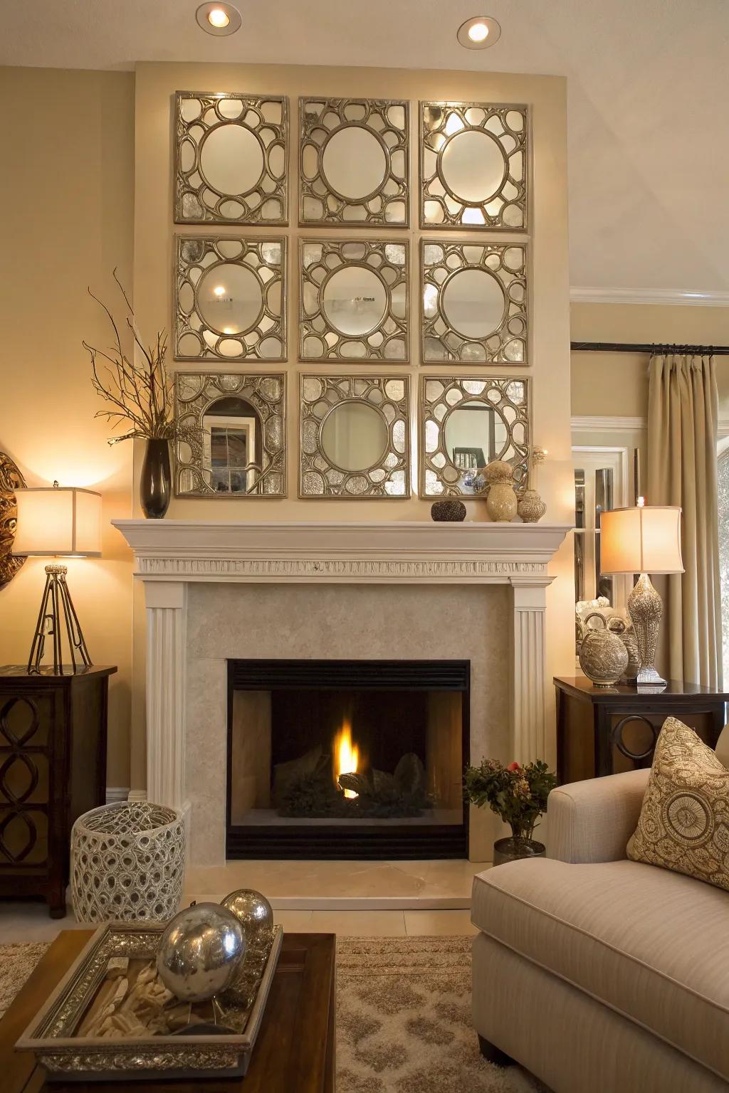 Fireplace art is glamorous and bright.