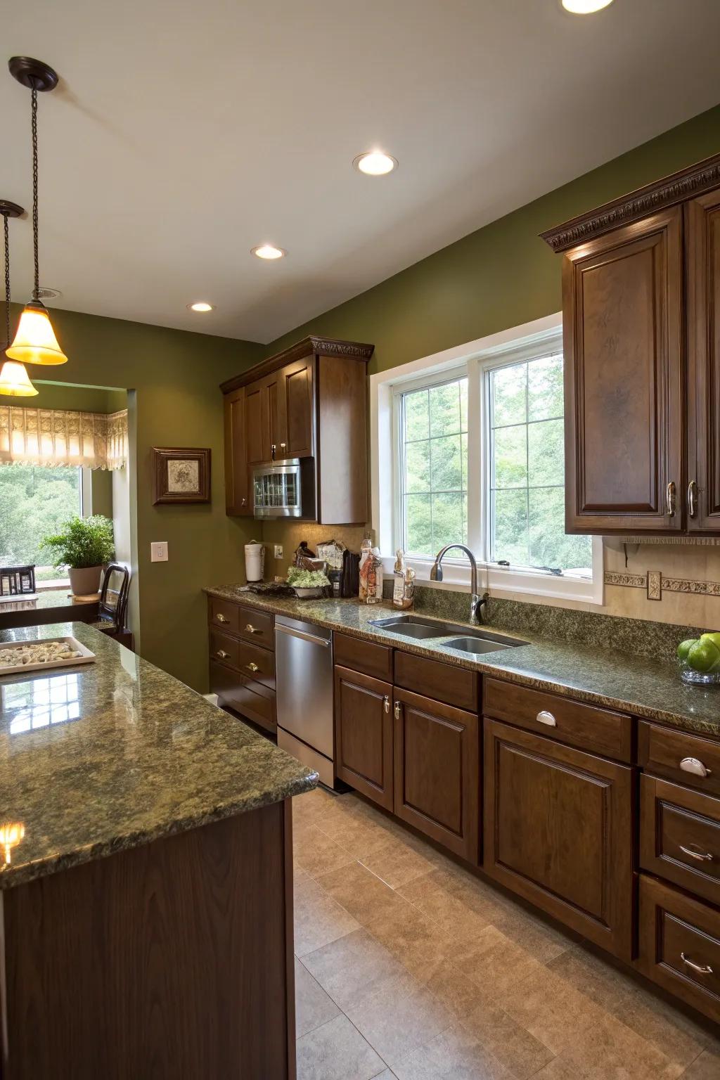 A refined, earthy complement is provided by olive green walls.