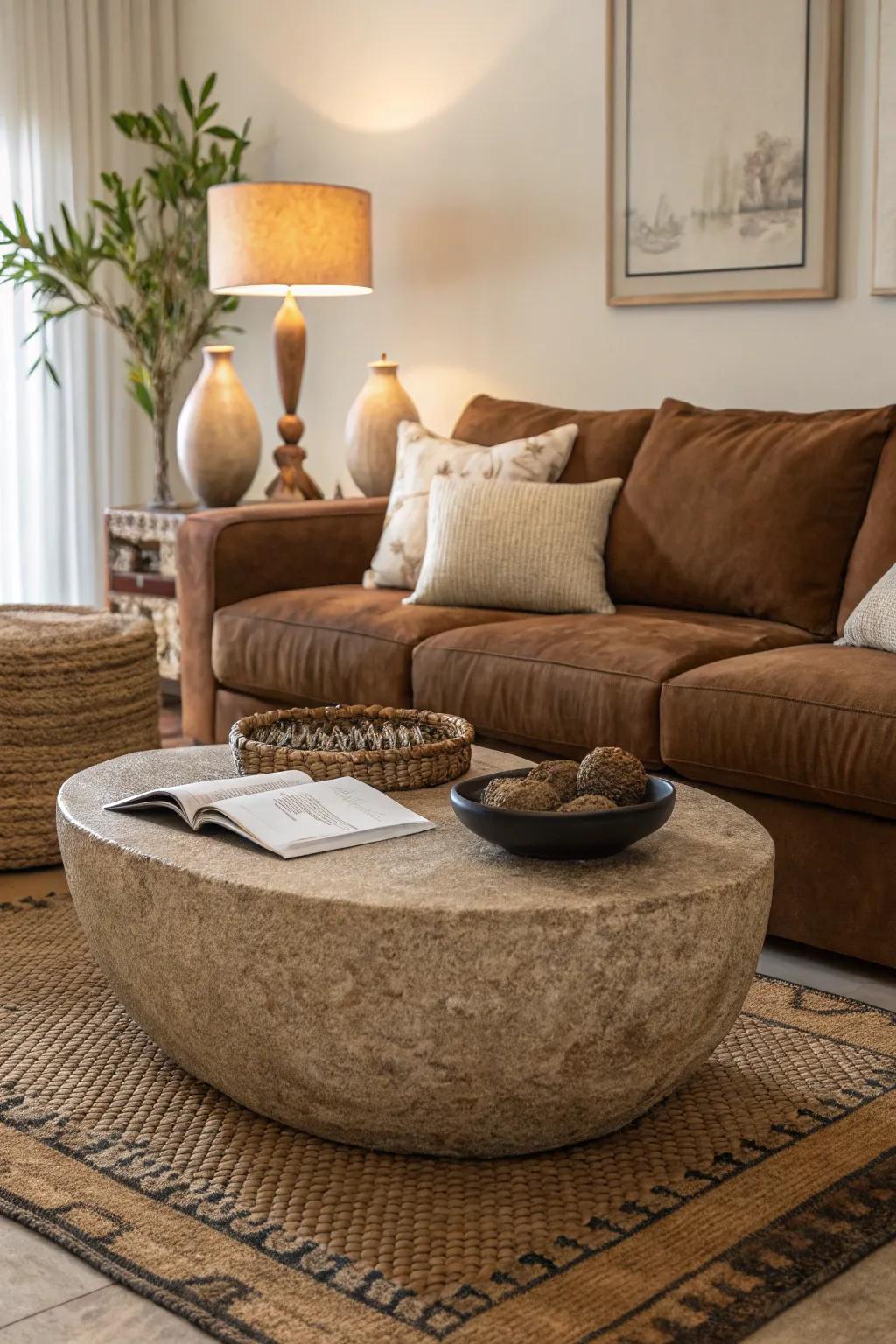 Stone parts introduce contrast and a natural touch to the decor.