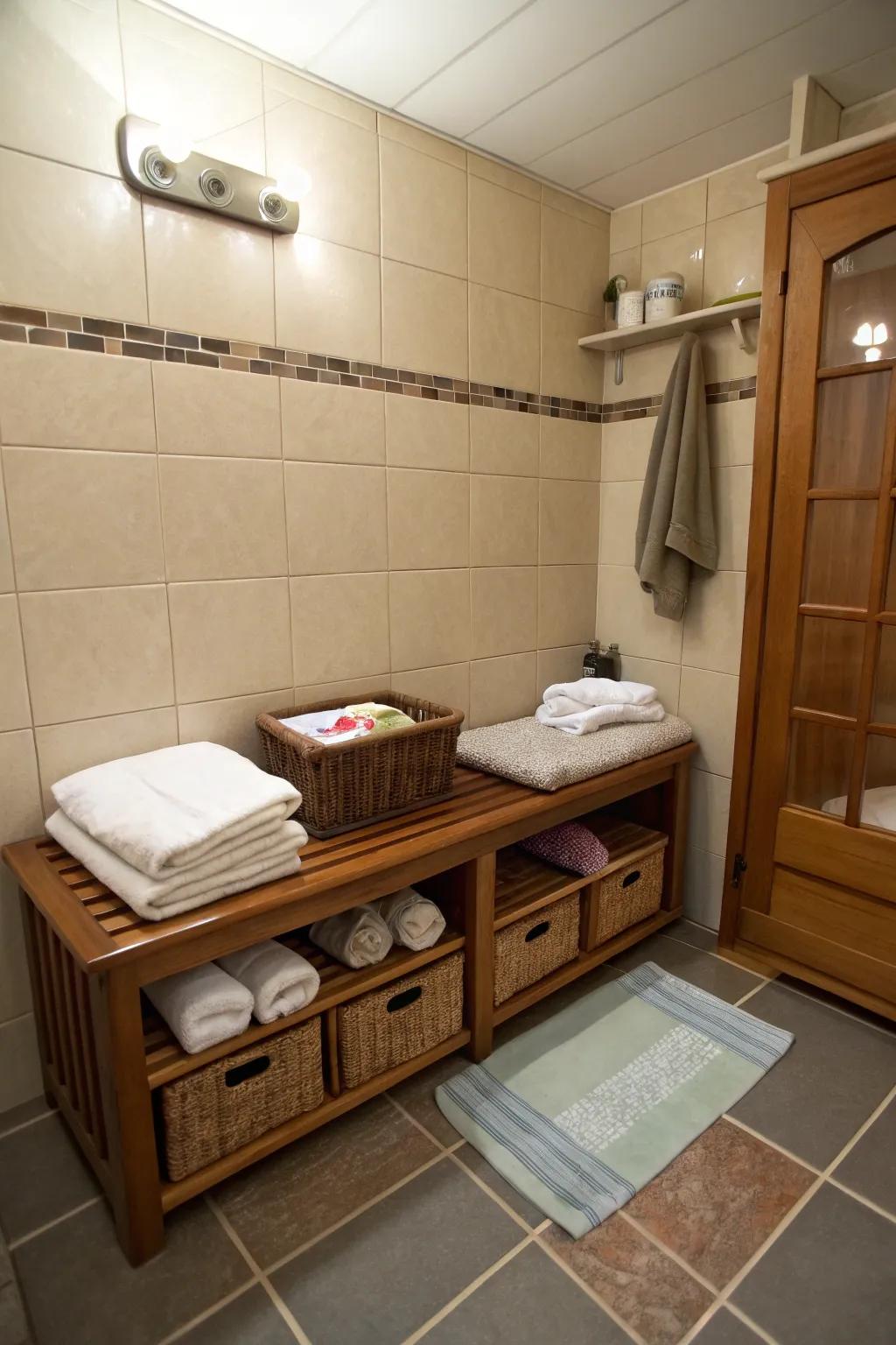This small bathroom maximizes space using multi-functional furniture.