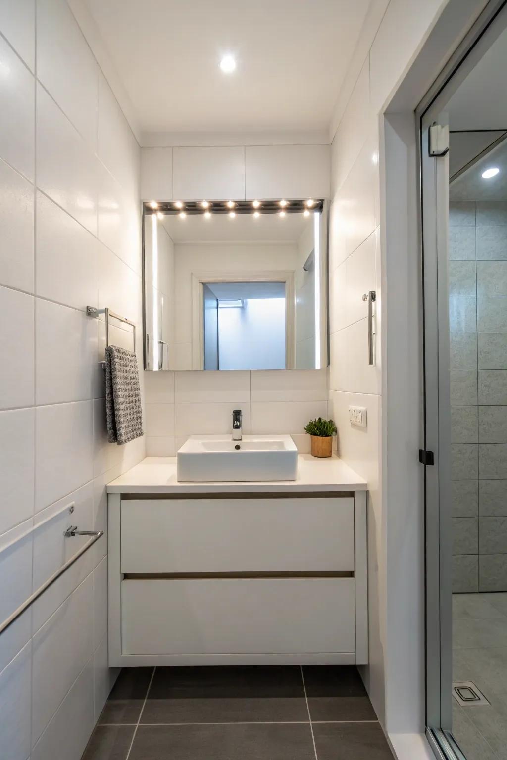 A hanging vanity reveals floor area, making the bathroom feel more spacious.