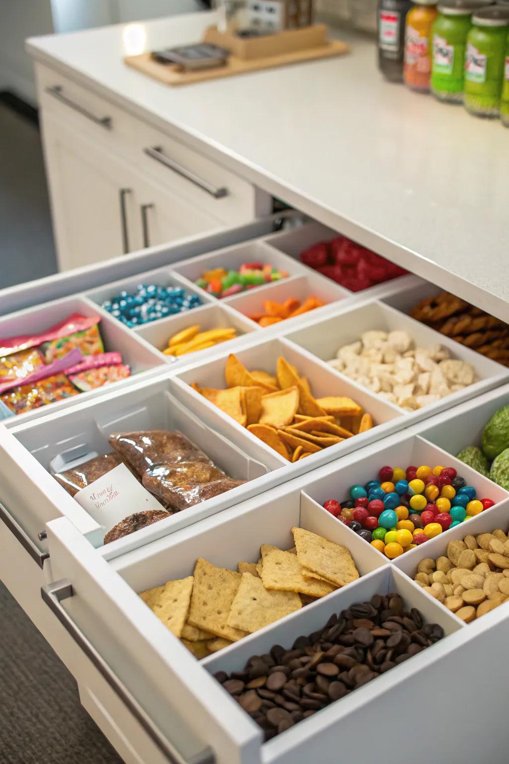Drawers below cabinets offer hidden storage options.