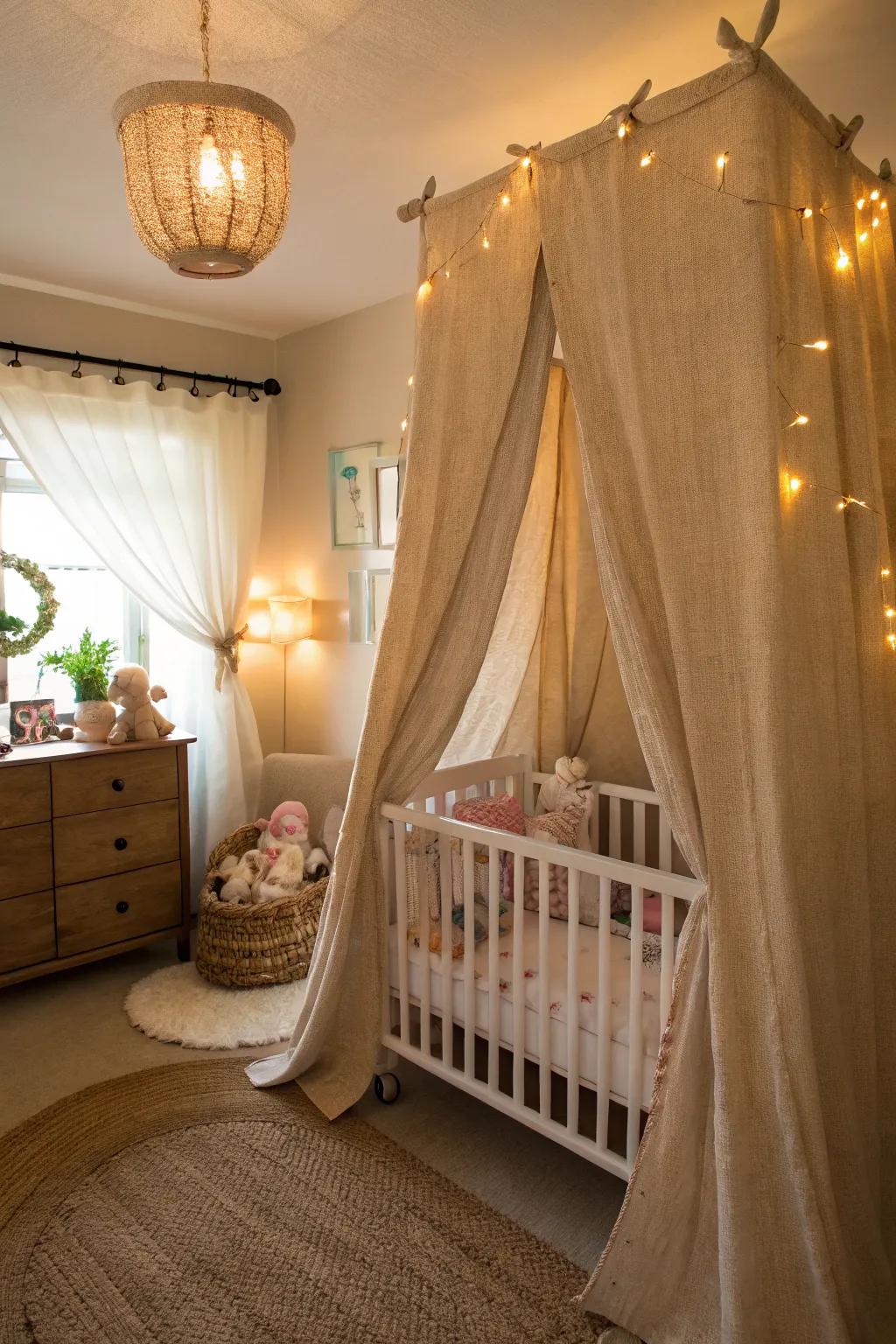 Serene nursery with soft material drapes.