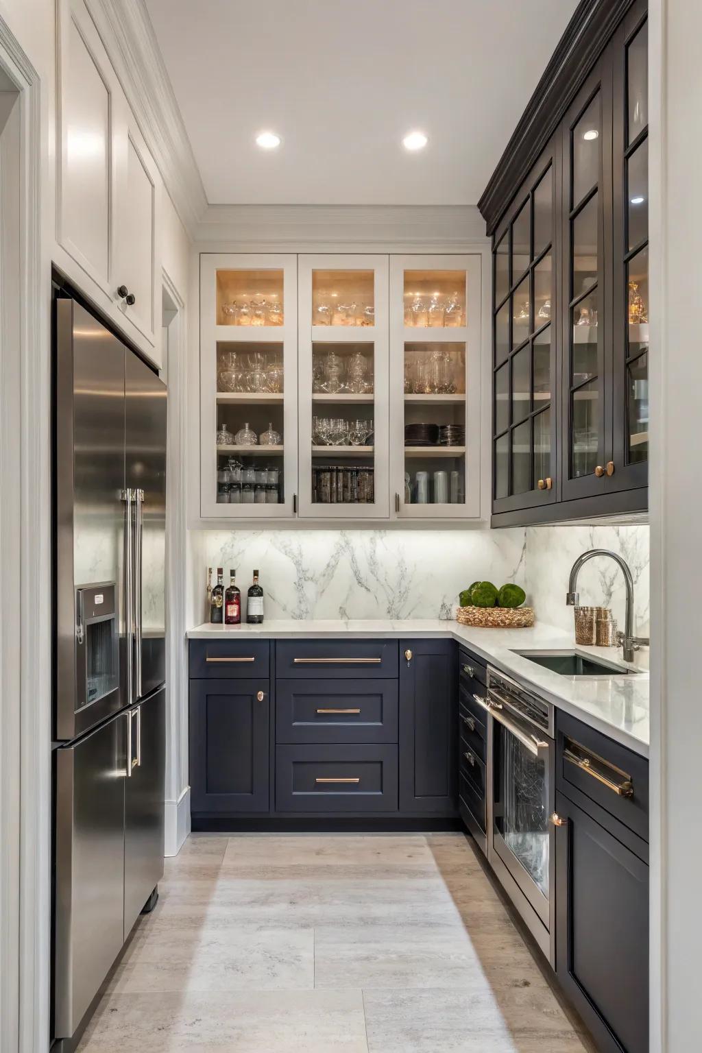 A modern butler's pantry featuring two-tone cabinetry, creating visual interest through contrast.
