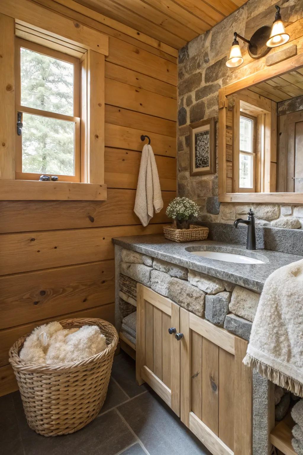 A cabin bathroom features a blend of textures for visual intrigue.