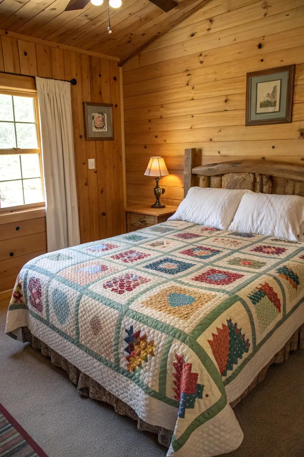 A cabin bedroom is adorned with a handmade quilt on the bed.