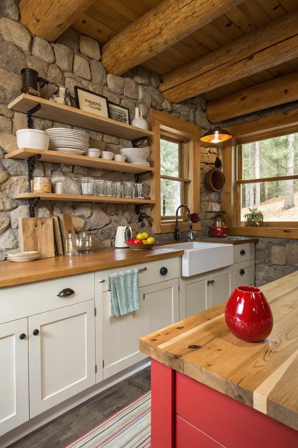 Out of the blue bright colors can add energy to a cabin kitchen.