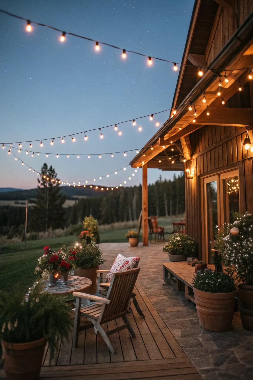 Fairy lights delivering ambient lighting on a cabin patio.