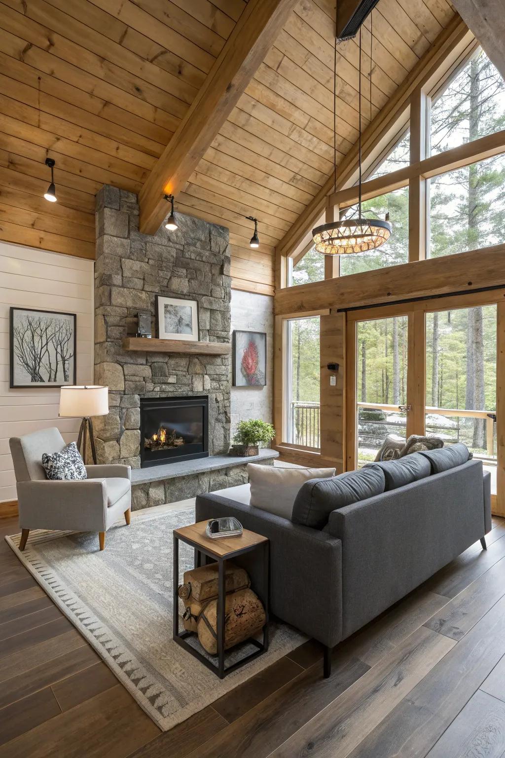 A mix of modern and country features creates a harmonious cabin area.