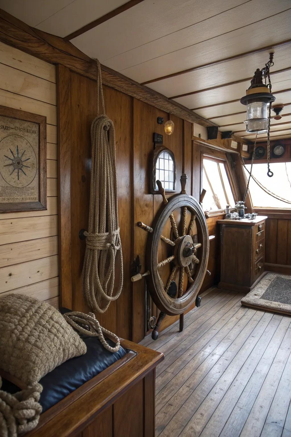 Coastal-inspired elements adding a seaside theme to the cabin's decor.