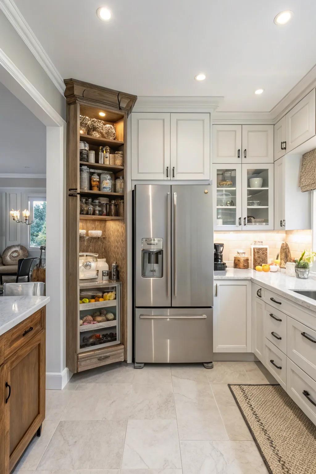 Adjustable cabinets offer flexible storage solutions.