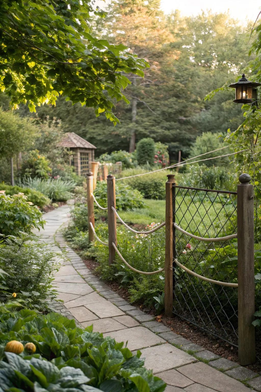Understated wire fence defining garden boundaries