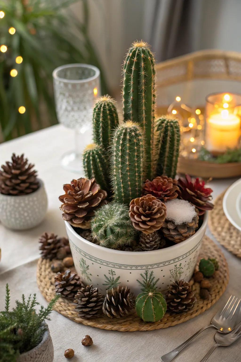 Succulents paired with seasonal accents convey festive flair to the table.