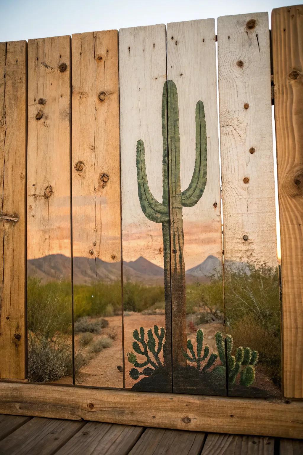 A rustic cactus outline on a wooden panel.