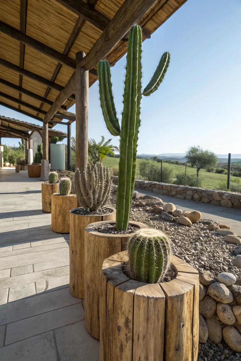 Countryside wood segments craft an earthy, natural setting for your cacti.