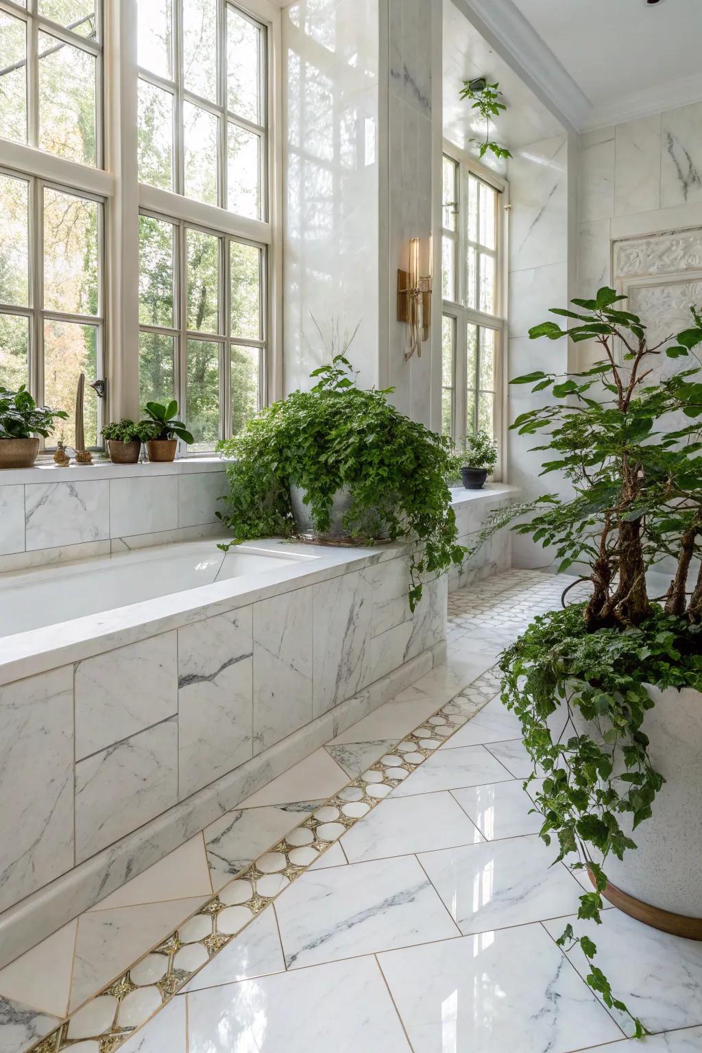 A refreshing bathroom with Carrara Essence marble tiles and lush plant accents.
