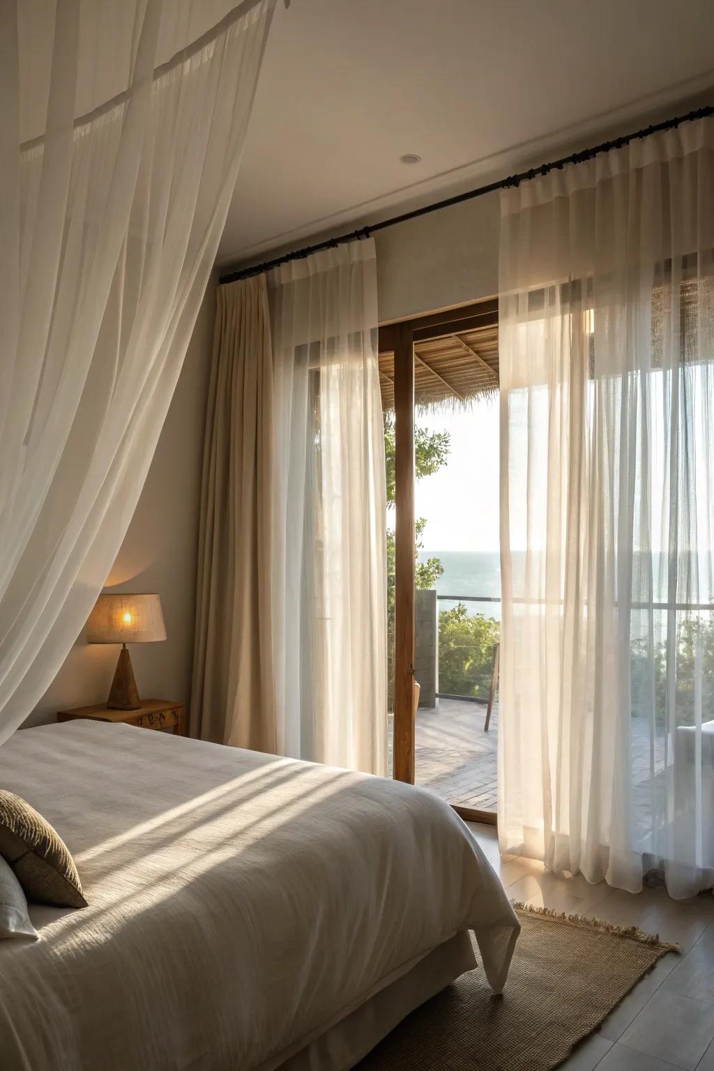 Bedroom with light filtering curtains gently filtering in natural light.