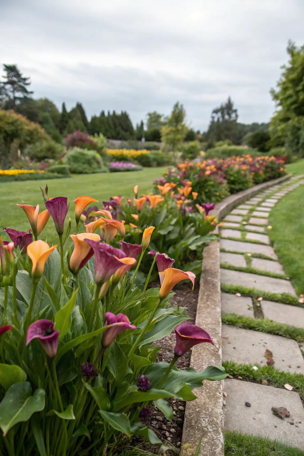 Intense color schemes paired with swan flowers in the garden.