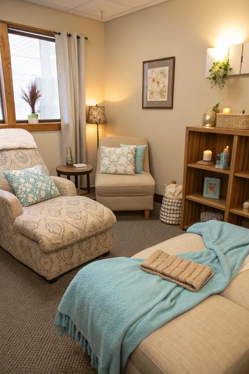 Soft textiles invite relaxation and coziness.