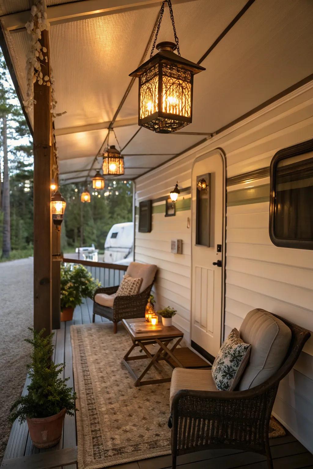 Retro lamps adding a vintage glow to the porch.