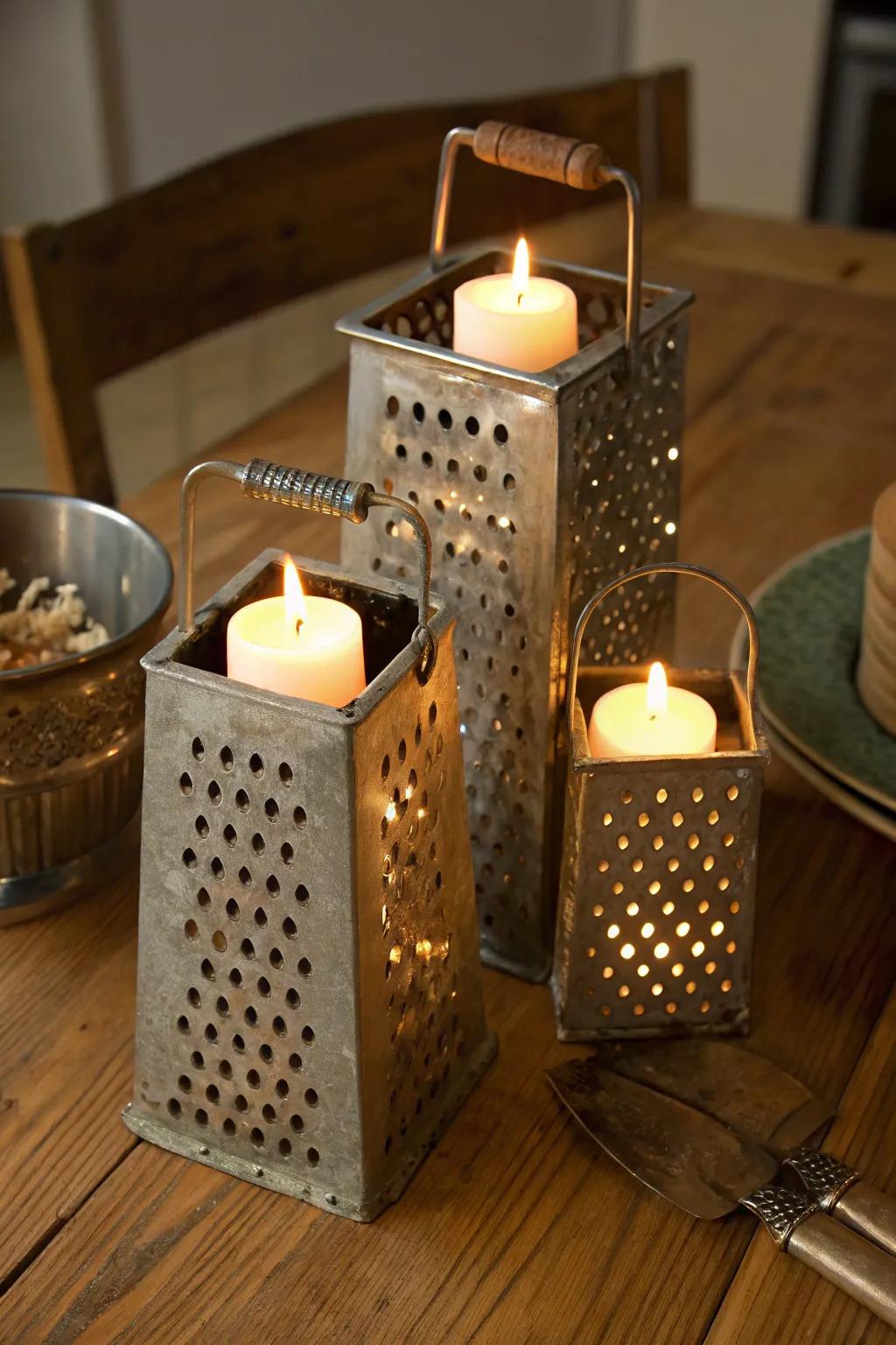 Vintage graters add a quirky touch to candle displays.