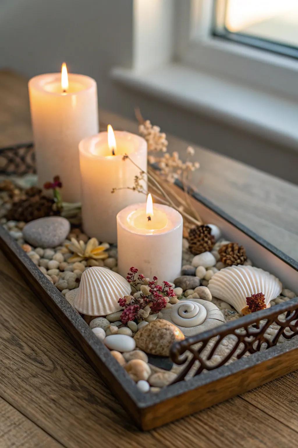 An ornamental tray showing off wax lights with personal accents.